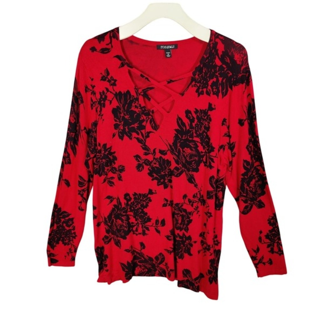 Roz & Ali Women Romantic Edgy Goth Floral Sweater 1X Red Black Criss Cross Knit